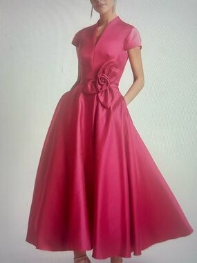 Elegant Fuchsia Cap-Sleeve A-Line Dress with Floral Waist Detail